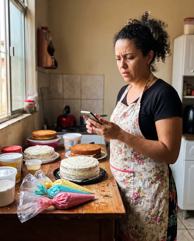 Dono de confeitaria preocupado olhando o celular