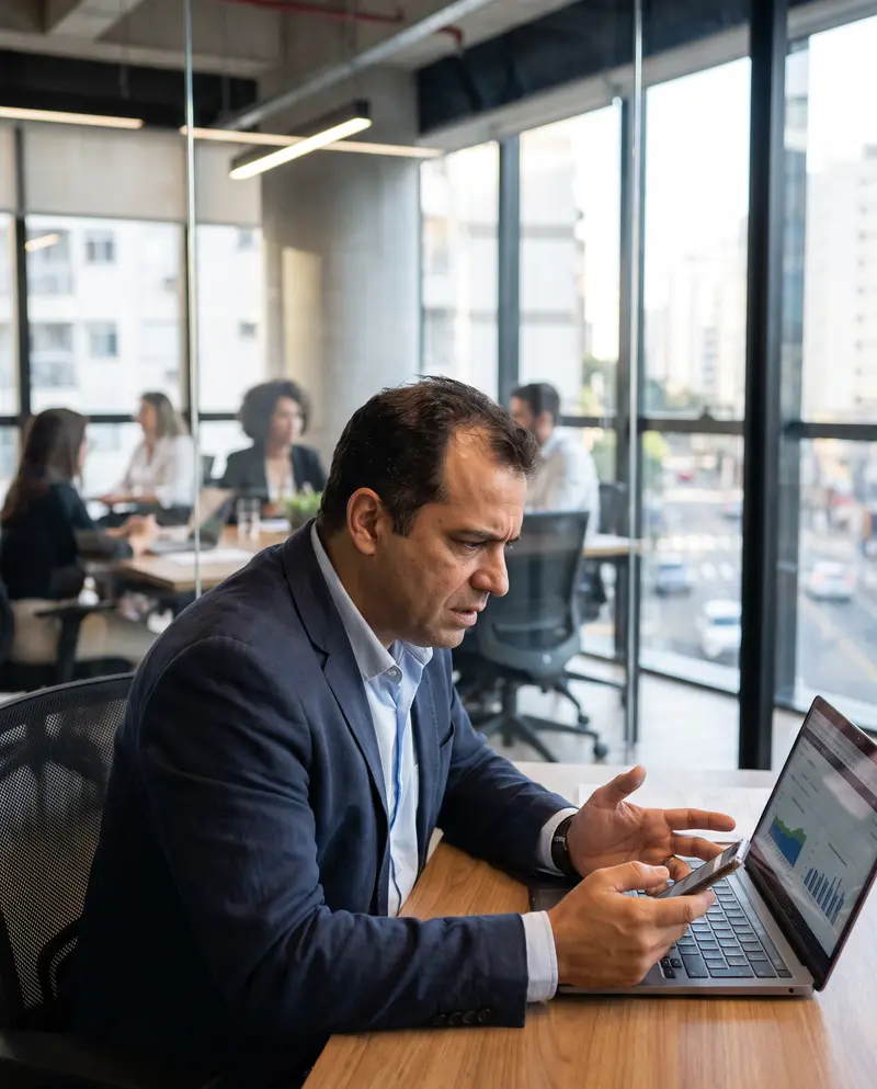 Dono de empresa preocupado olhando o celular