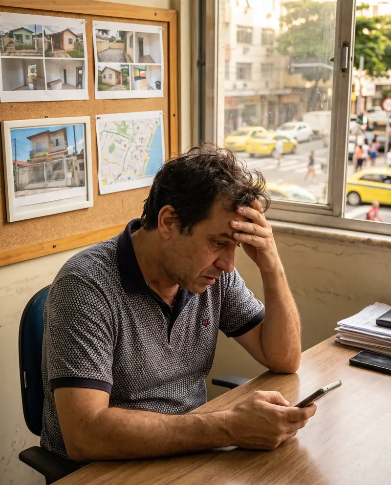 Dono de imobiliária preocupado olhando o celular