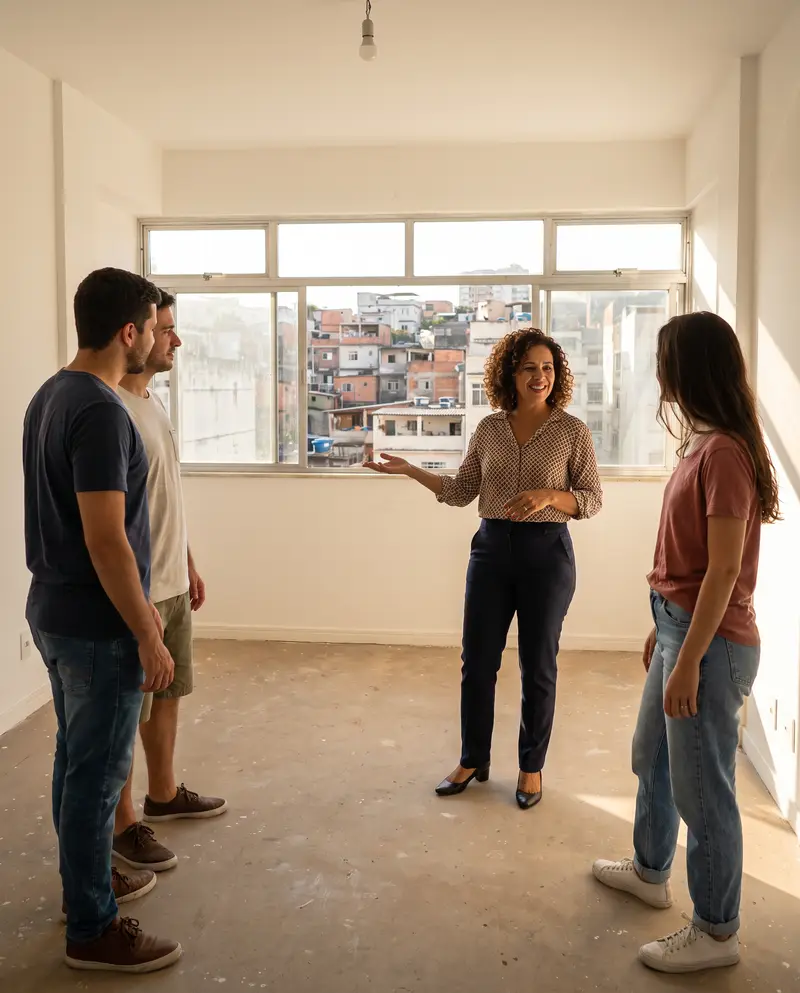 Dono de imobiliária atendendo clientes no showroom
