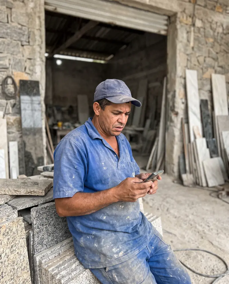 Dono de marmoraria preocupado olhando o celular