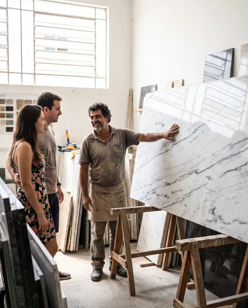 Dono de marmoraria atendendo clientes no showroom