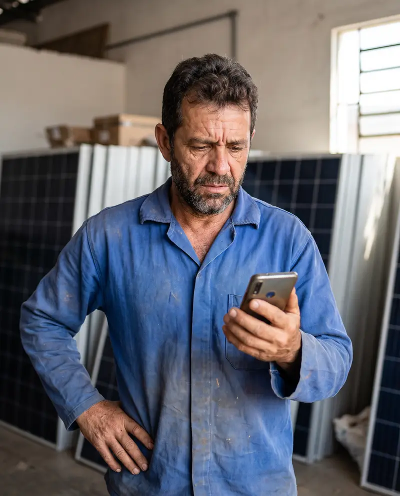Dono de empresa de energia solar preocupado olhando o celular