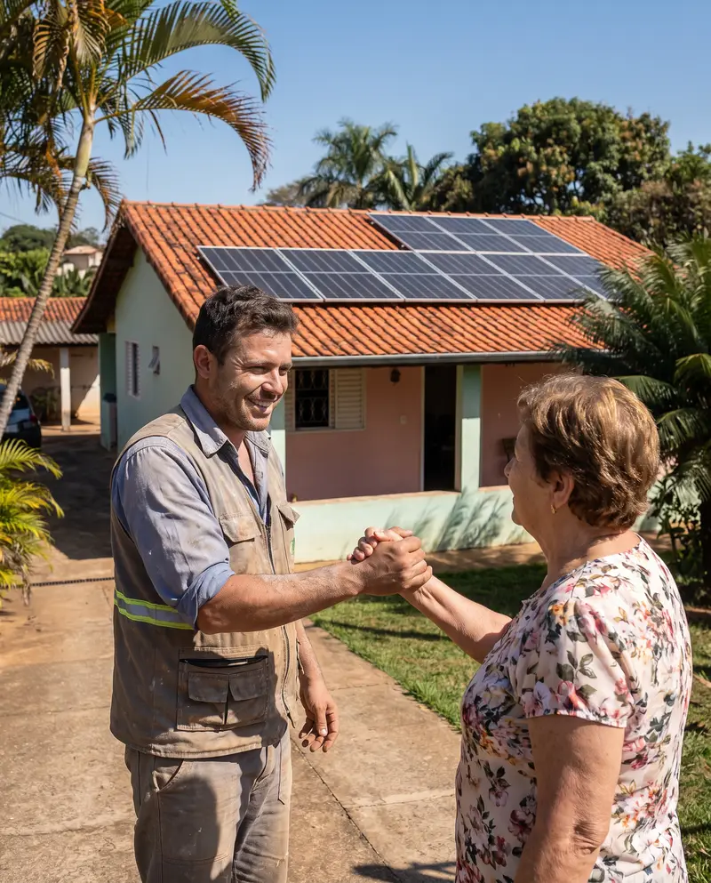 Dono de empresa de energia solar atendendo clientes no showroom