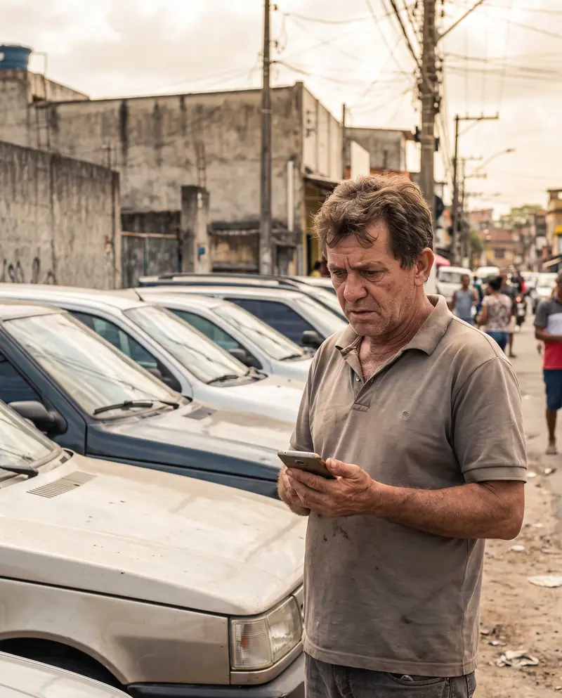Dono de loja de veículos preocupado olhando o celular
